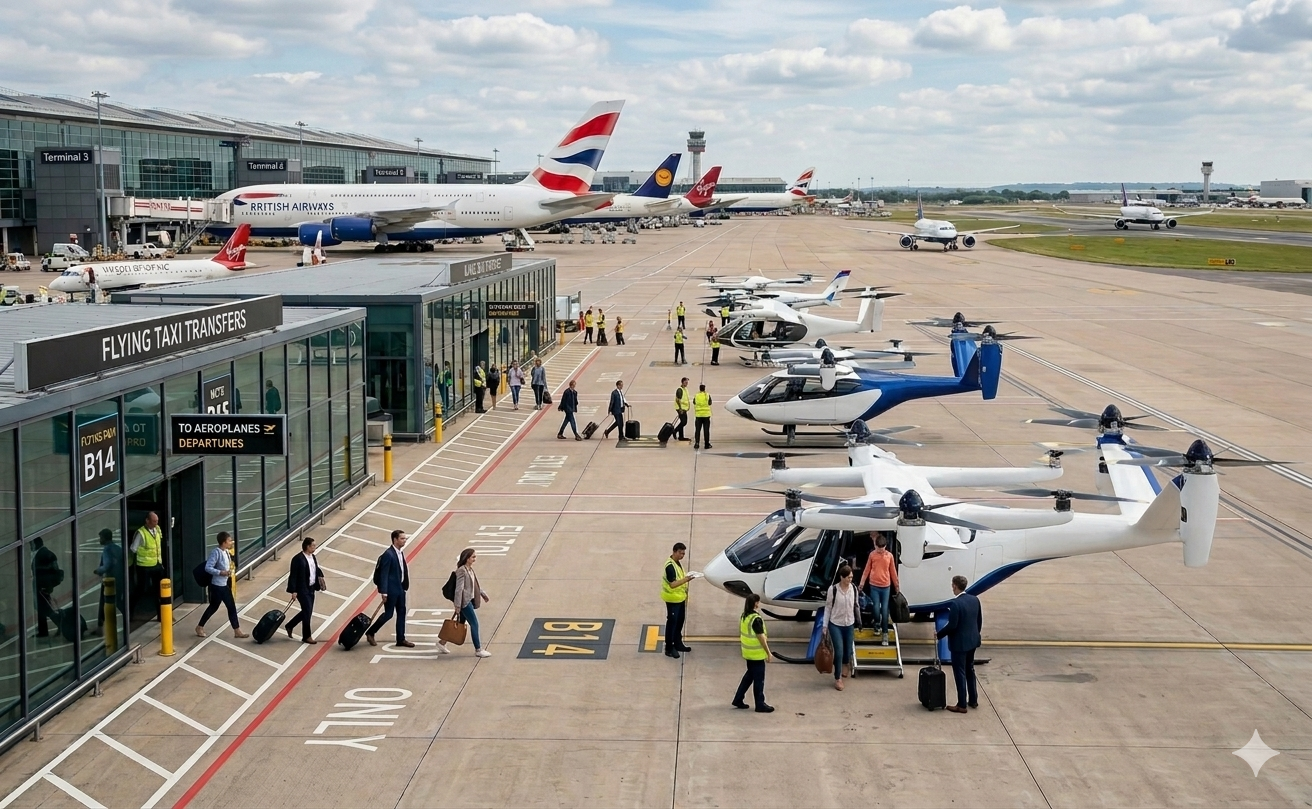 Flying taxi eVTOL aerial city view